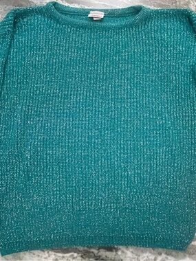 Vintage Huntington Ridge Teal Metallic Lurex Knit Crewneck Sweater 80s 90s